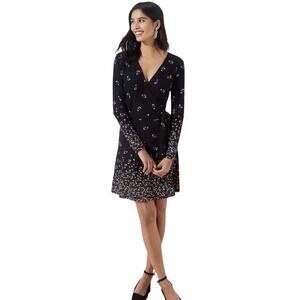 NWT LOFT BLACK FLORAL PRINT SOFT STRETCHY WRAP DRESS DEEP V NECK SZ PL